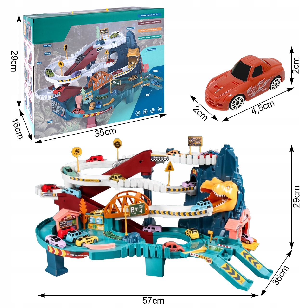 KOLEJKA TOR WYŚCIGOWY PARKING DINOZAUR 4 AUTA ELEKTRYCZNA WINDA TUNEL Bohater brak