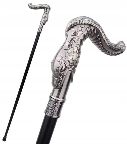 Laska metalowa ozdobna Wąż Srebrna Szczegółowa wyprofilowana rękojeść