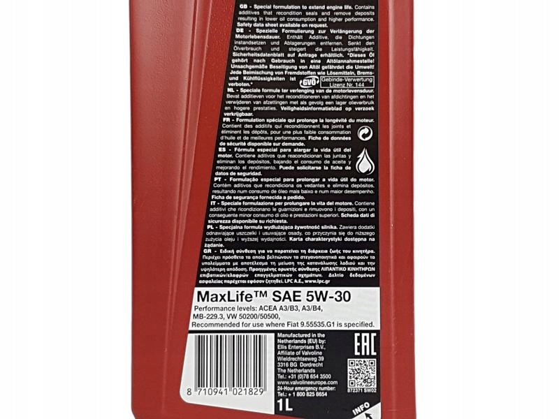 VALVOLINE MAXLIFE 5W30 A3/B3 A3/B4 API SN 10L Producent Valvoline