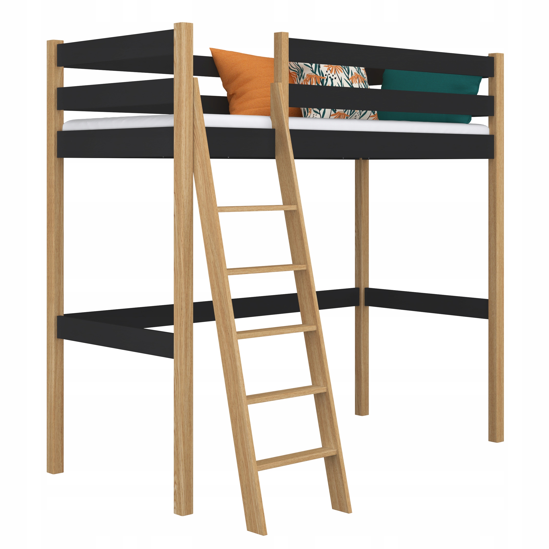 ŁÓŻKO DREWNIANE ANTRESOLA PIĘTROWE 100X200CM SOLIDNE CZARNO DĘBOWE N03