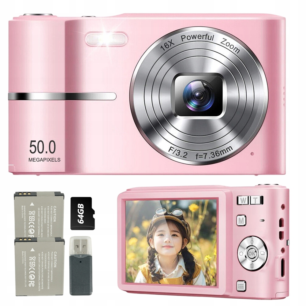 Přenosný Digitální Fotoaparát 1080P Fhd 50MP 16X Zoom Karta 64GB Displej 2.4"