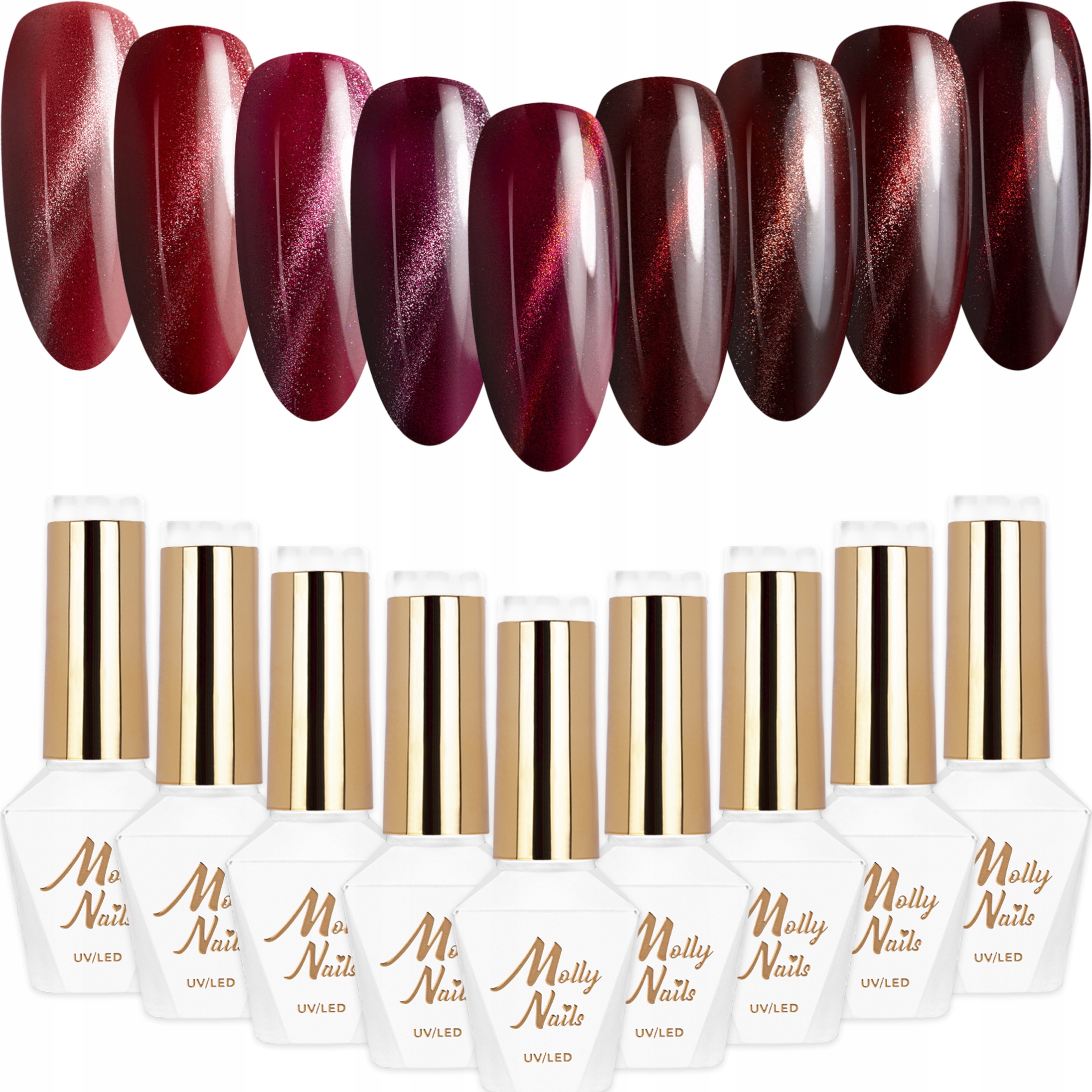 9x Lakier Hybrydowy Mollynails 8g Cat Eye Reds Zestaw 9w1 Bordo Kocie Oko