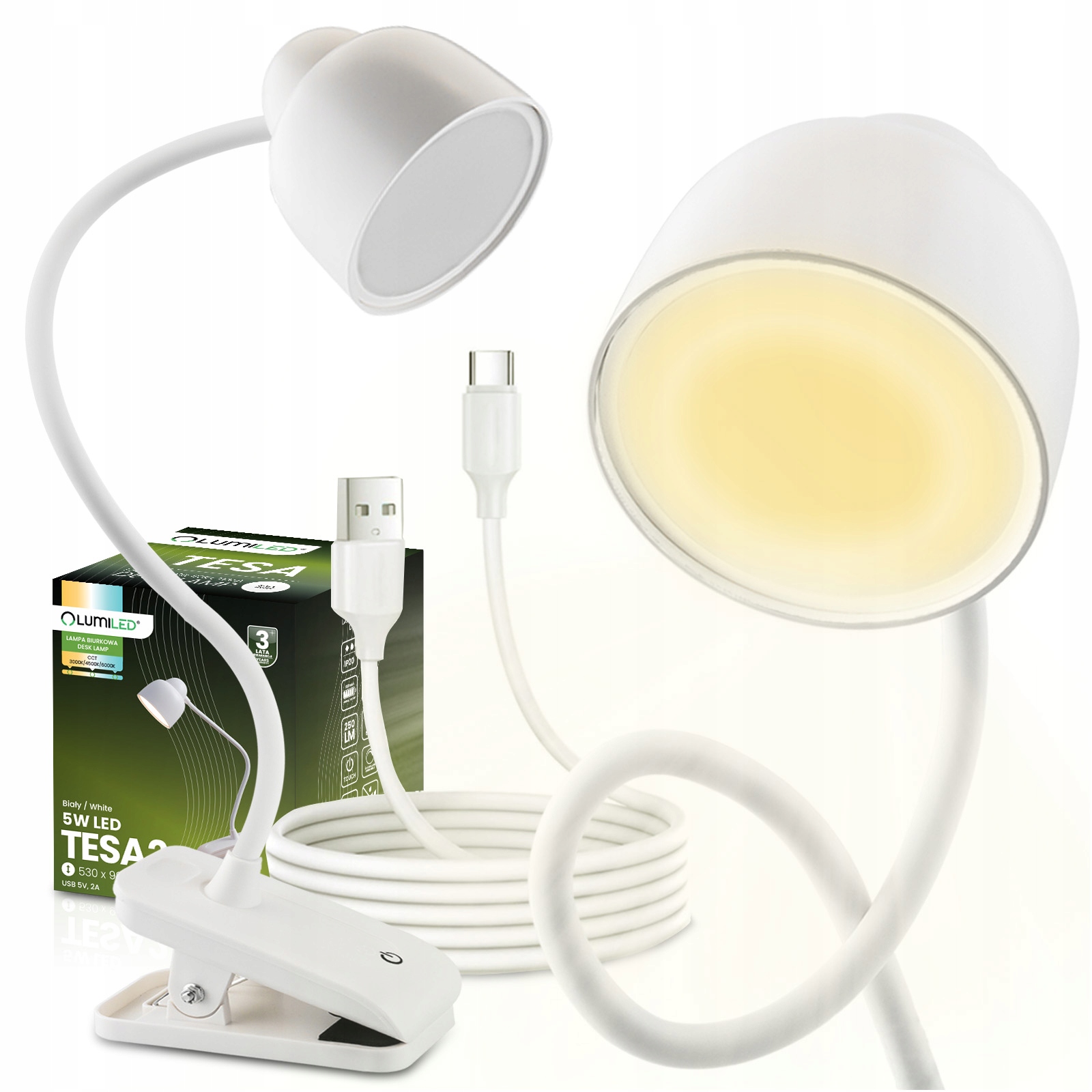 Lampka biurkowa nocna z klipsem LED 5W CCT USB ściemnialna biała TESA 2