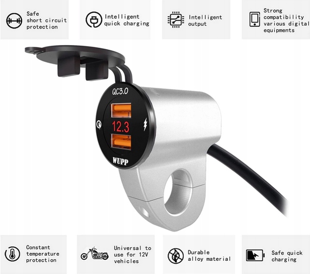 2x USB QC 3.0 зарядное устройство для мотоцикла из металла