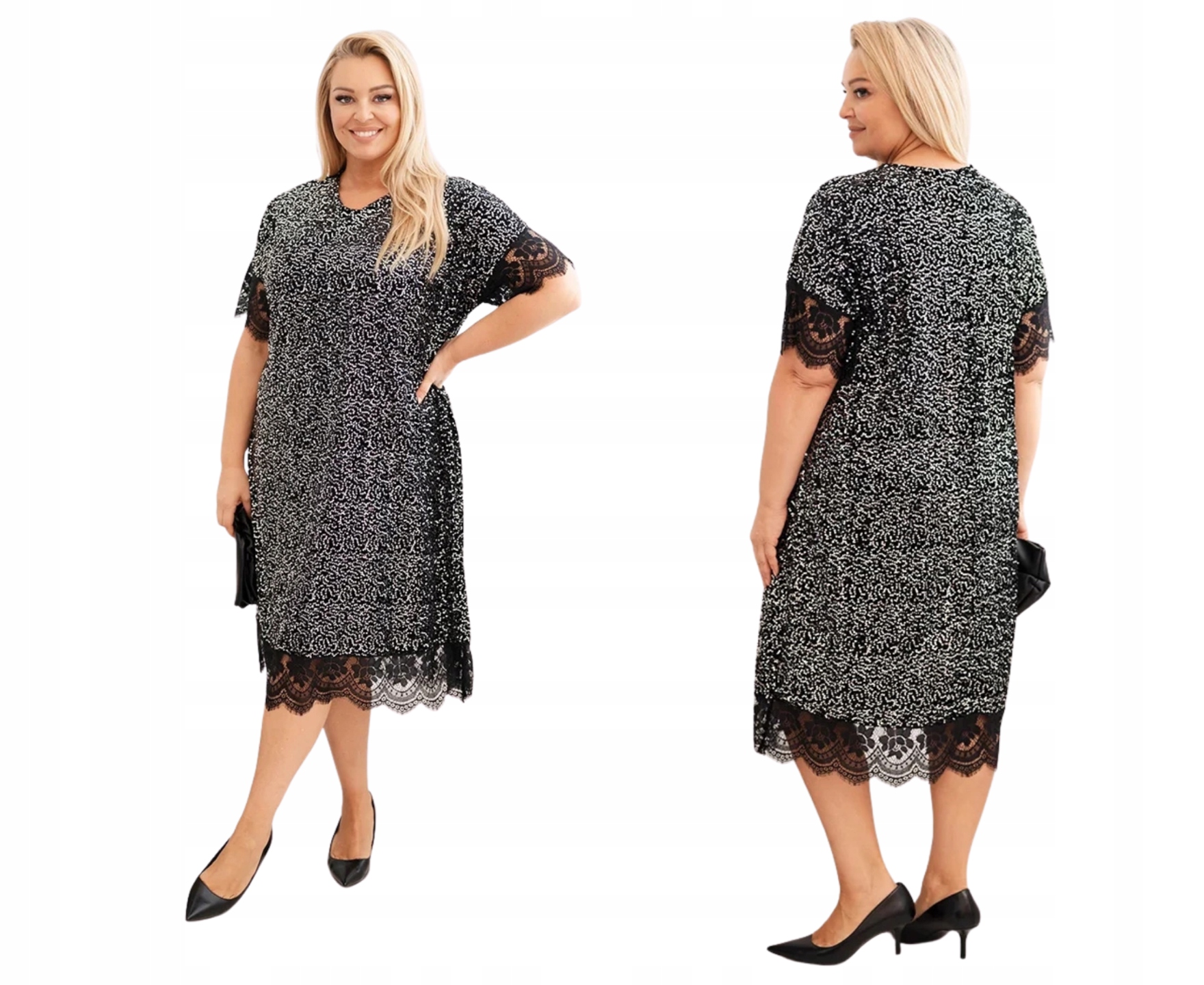 Šaty s krajkovým lemováním, černá stříbrná barva
