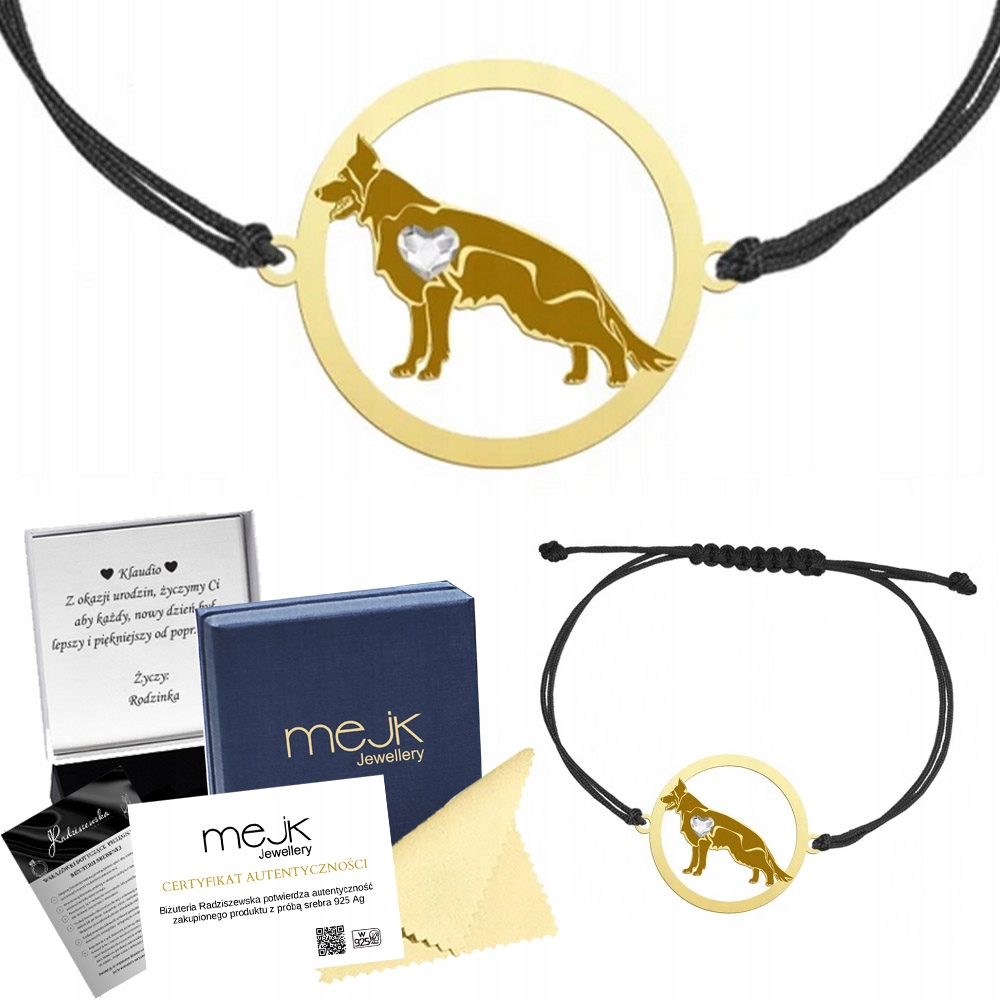 Zlatý náramek s německým ovčákem černý 925 na provázku Dárek Gravírování