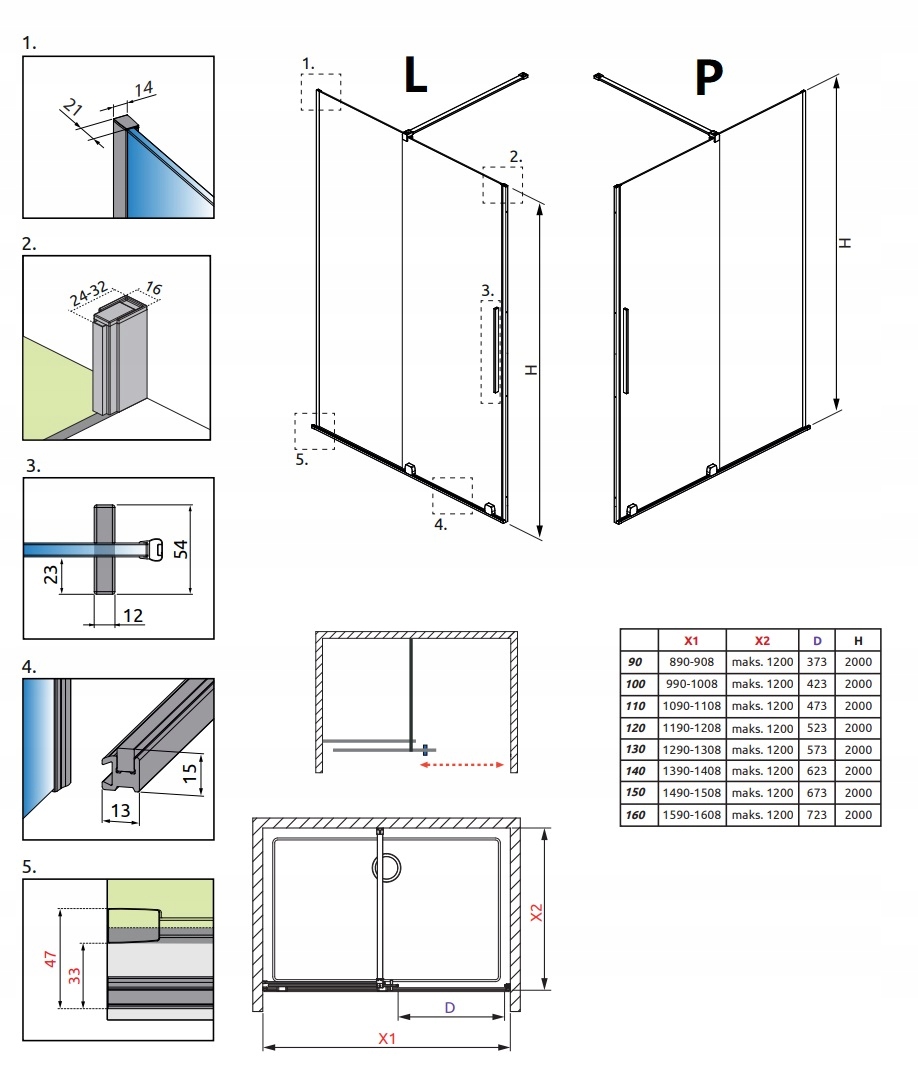 Drzwi prysznicowe FURO DWJ 140x200 RADAWAY Chrom PRAWE Szerokość produktu 140 cm