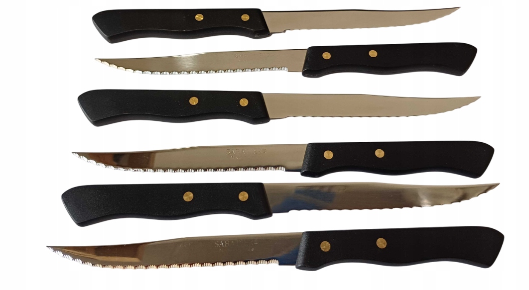 Sada 6 nožov na steaky 197 čierne zúbkované čepele 11,5cm v krabici