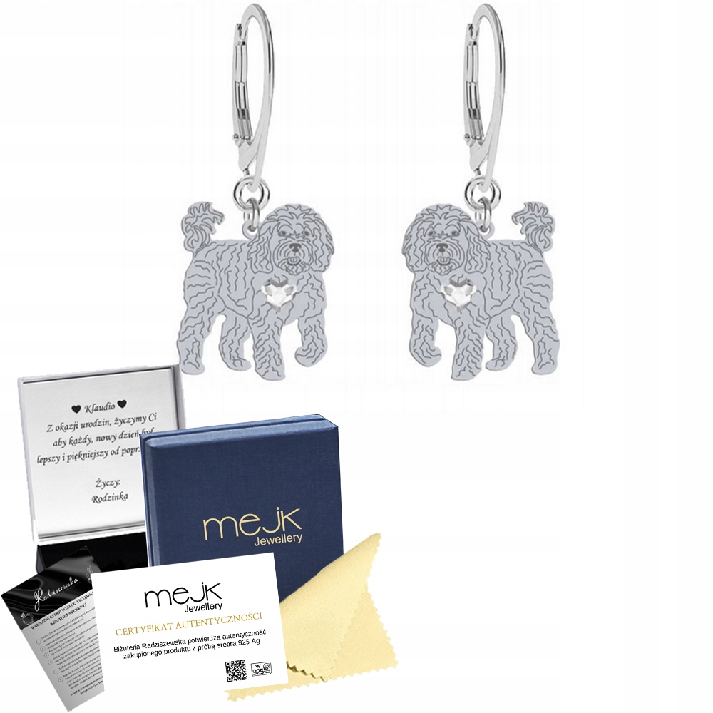 Stříbrné Náušnice se psem Cavapoo 925 Žena Šperky Dárek Gravírování Bonus