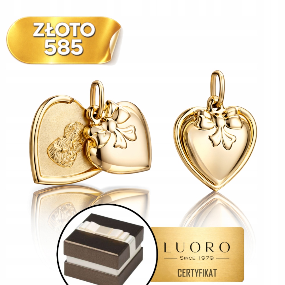 Zlatý Medailon 585 14K Panna Maria Čenstochovská Srdce S Mašličkou 25 MM