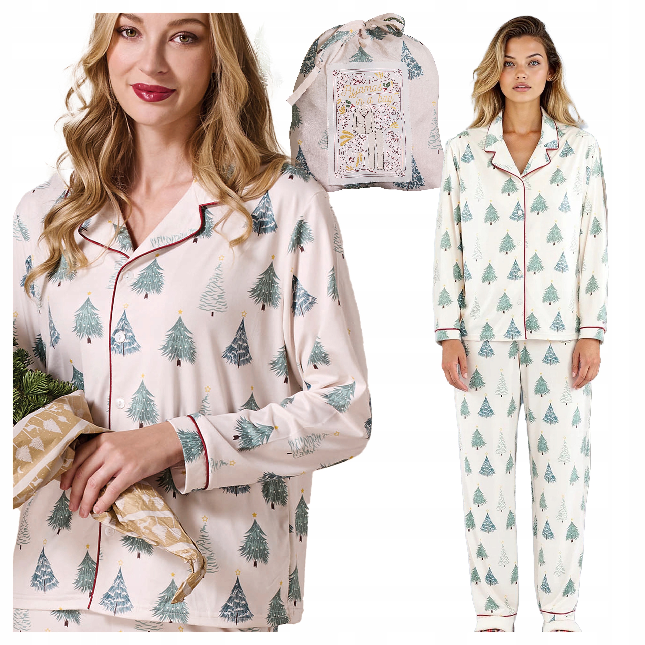 Dlouhé dámské pyžamo na Knoflíky Volný zimní vzor s sáčkem Zelená XL