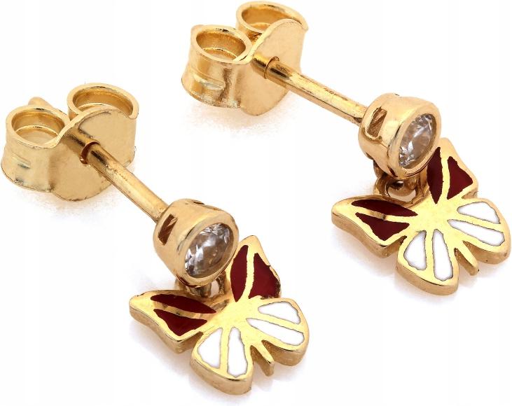 Zlaté náušnice 585 na tyči s módním závěsným smaltovaným motýlkem