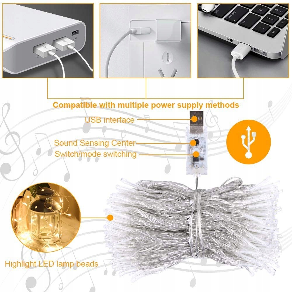 Kurtyna Świetlna LED USB Z Pilotem Timerem Muzyczna Ciepła 3x2M Molbory — miniatura 6
