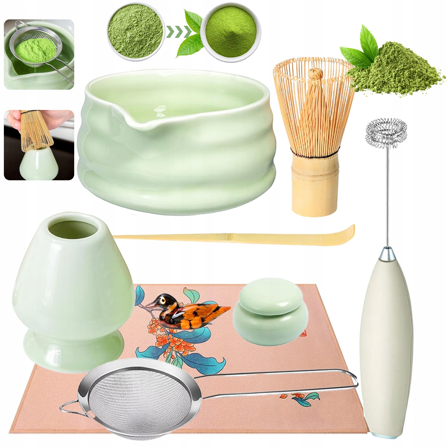 Levně Profesionální Sada Pro Matcha Bambusová Metla Keramický Držák 9KS