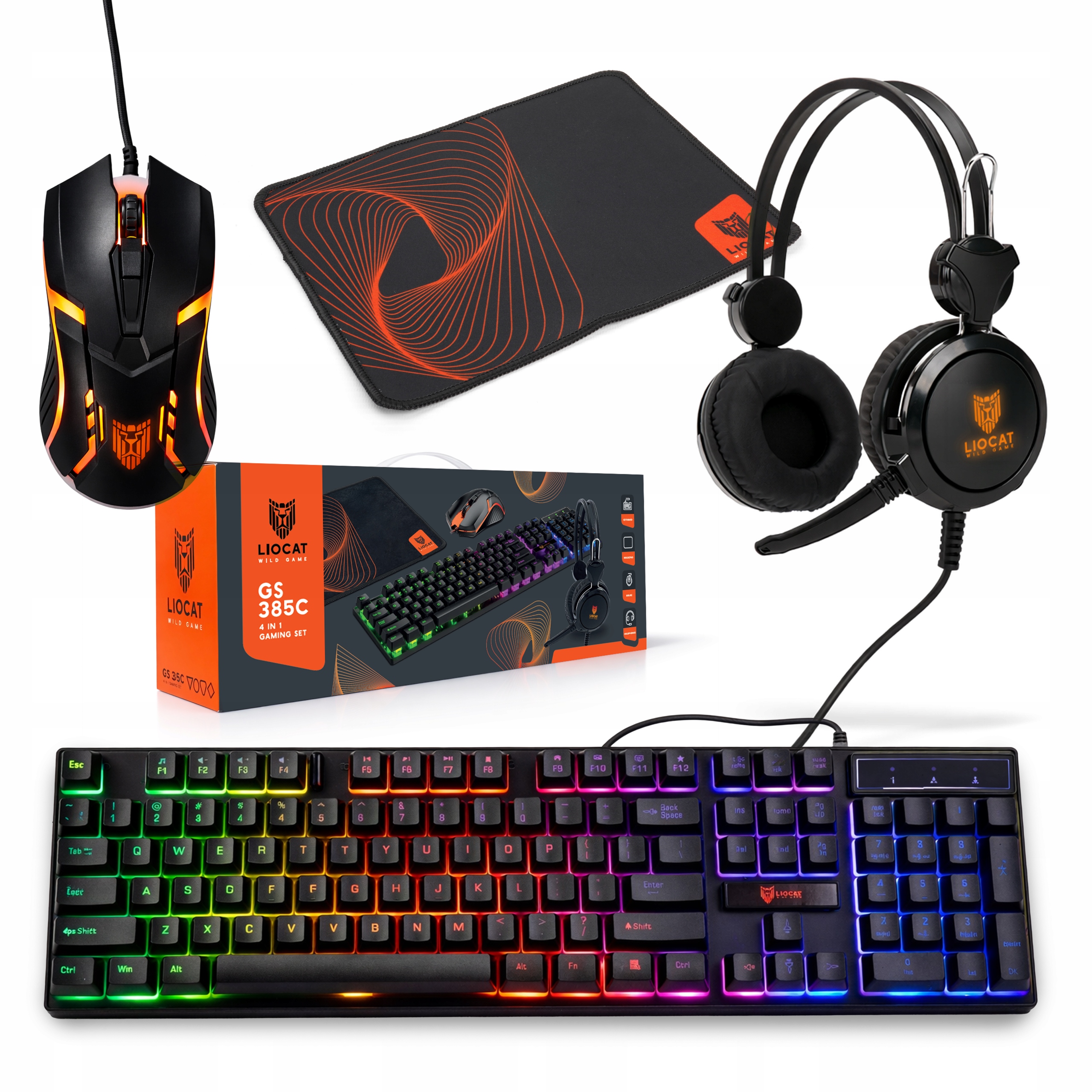 Liocat игровой коврик клавиатура мышь наушники комплект 4 элемента