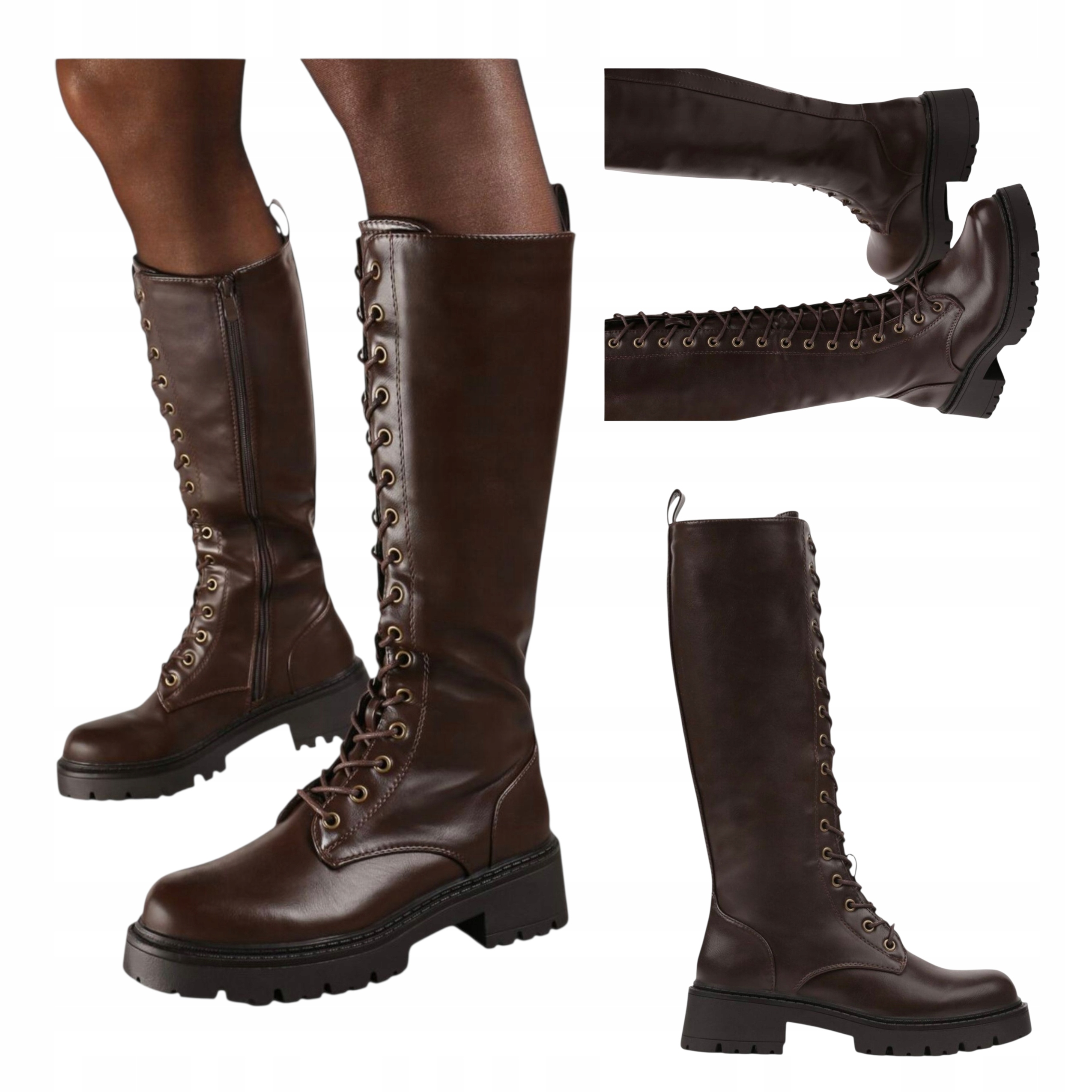 Dámské boty Kanady na platformě Vysoké kožené šněrovací zipy Hnědé 39