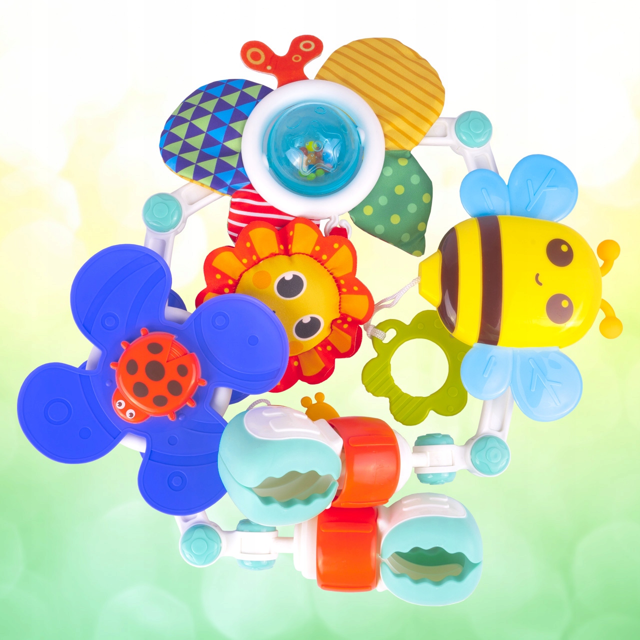 PAŁĄK ŁUK Z ZABAWKAMI DO ŁÓŻECZKA WÓZKA ZWIERZĄTKA GRZECHOTKI DLA DZIECKA Kolor dominujący wielokolorowy