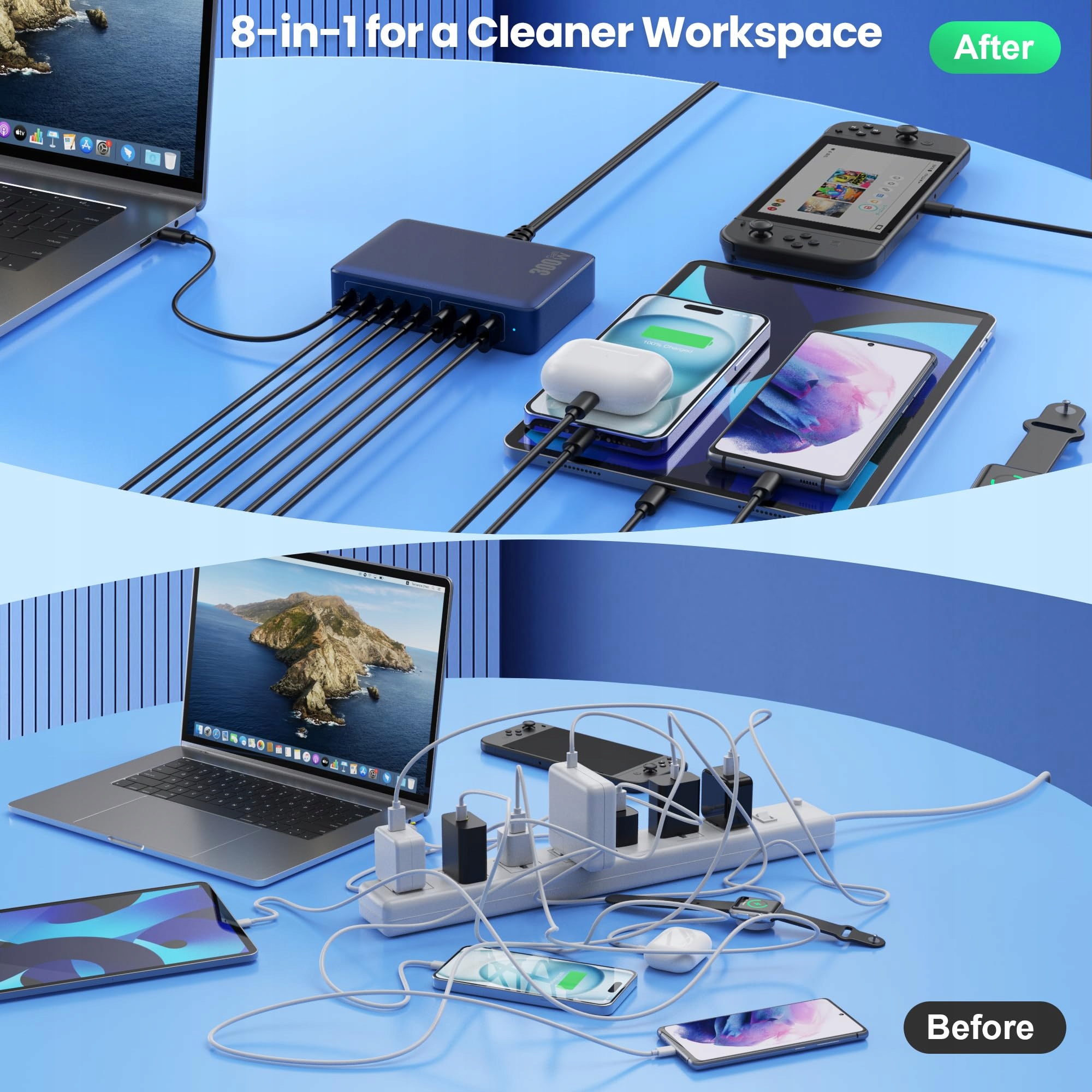ŁADOWARKA USB C 300W 8 Portów Szybkie Ładowanie Do Laptopa iPhone — miniatura 7