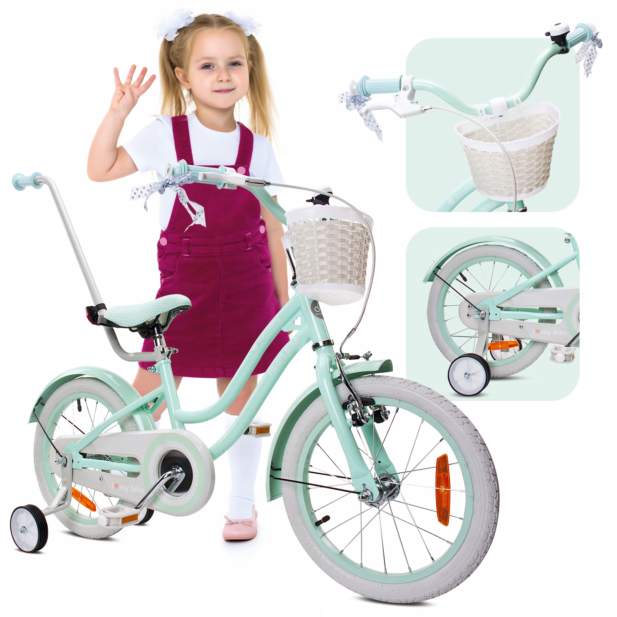 Rower 16 cali dziecięcy dla dziewczynki Pchacz Koszyk Kółka boczne 4-6 lat