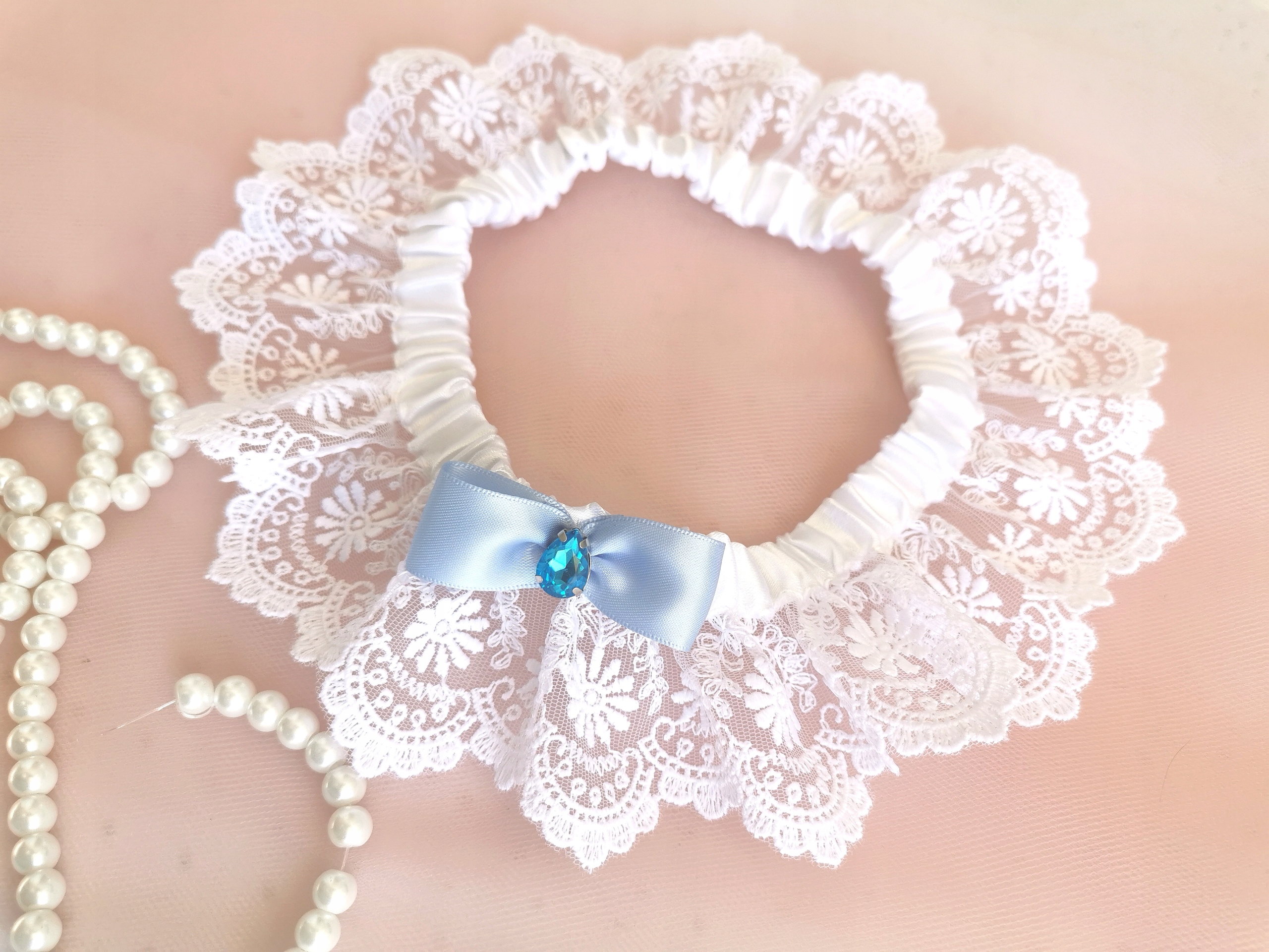 

Podwiązka ślub haft biały i ecru różne dodatki