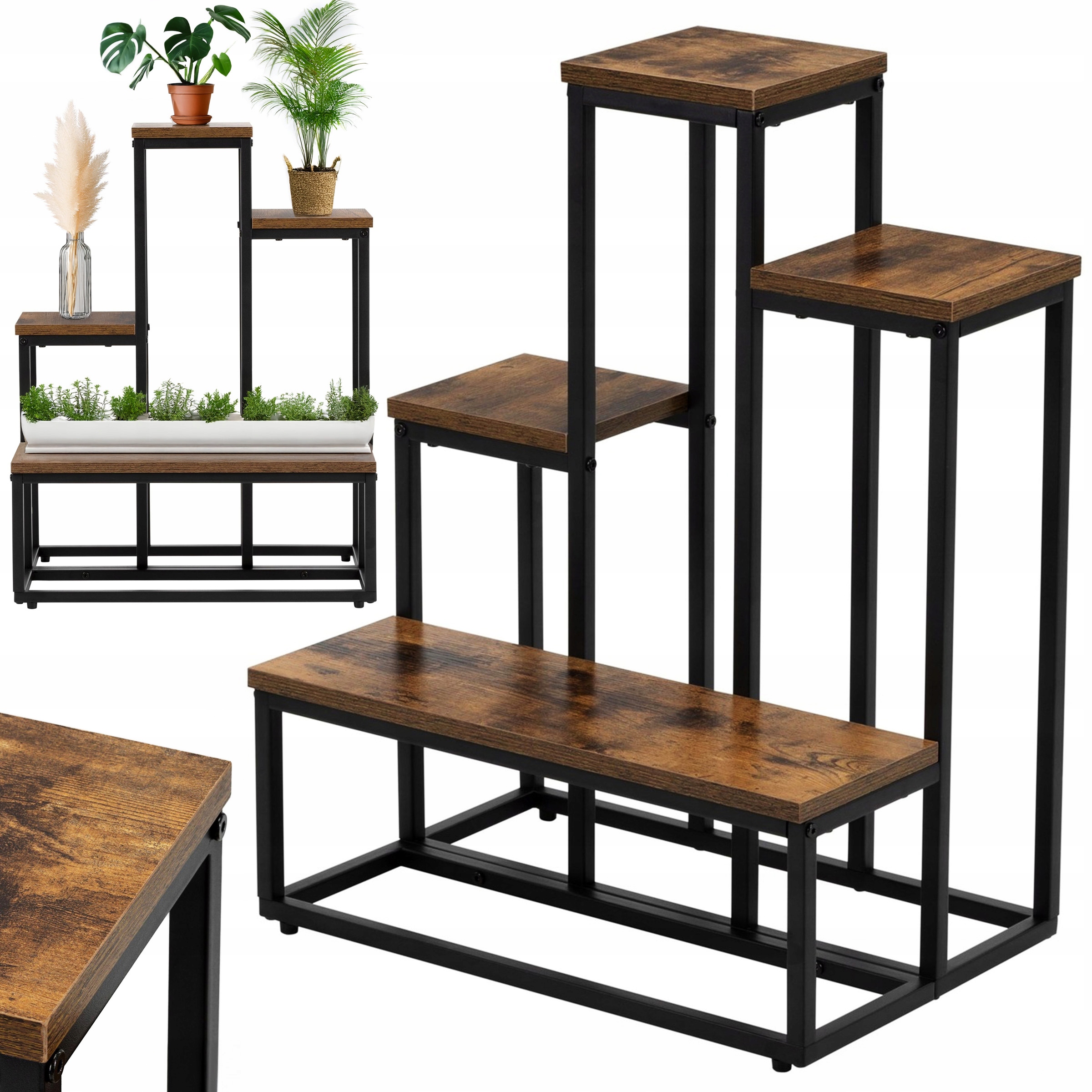 Bauerkraft H-606 Stojan na květiny kovový patrový, regál, rustikální dub