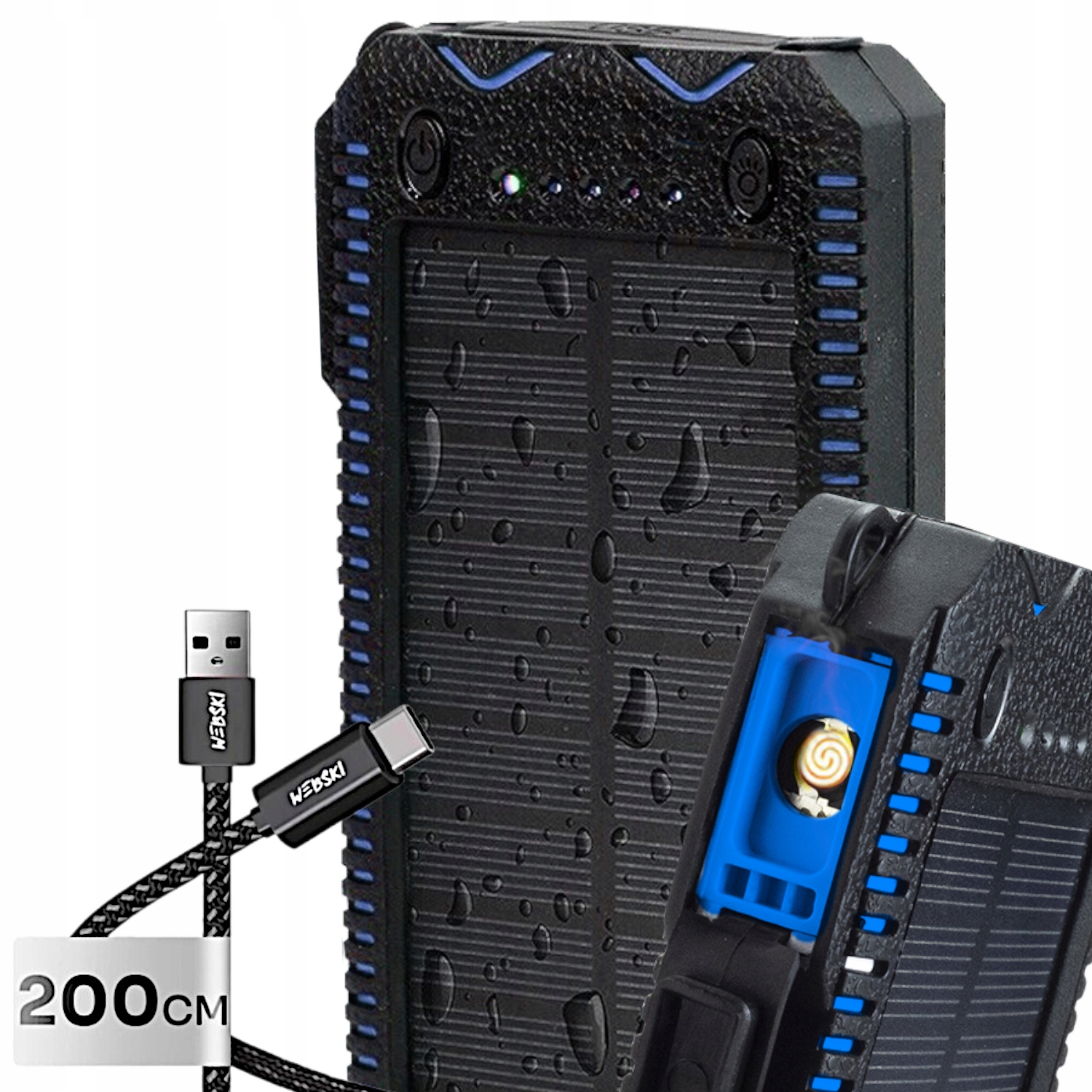 Solární powerbanka 20000 mAh Turistický pancéřový Usb kabel 200 cm pro telefon