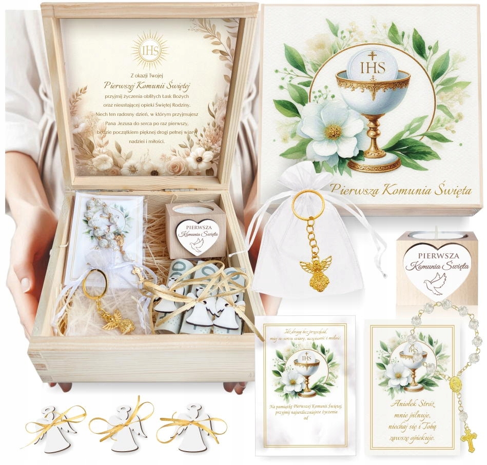 PAMIĄTKA PIERWSZEJ KOMUNII ŚWIĘTEJ PUDEŁKO NA PIENIĄDZE KOMUNIA RÓŻANIEC