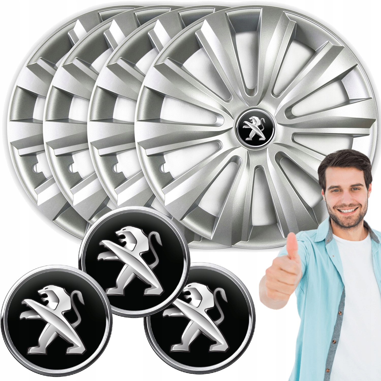 4x KOŁPAKI 15" DO PEUGEOT + KOMPLET DEKIELKÓW ZNACZKÓW PREMIUM! Producent Jestic