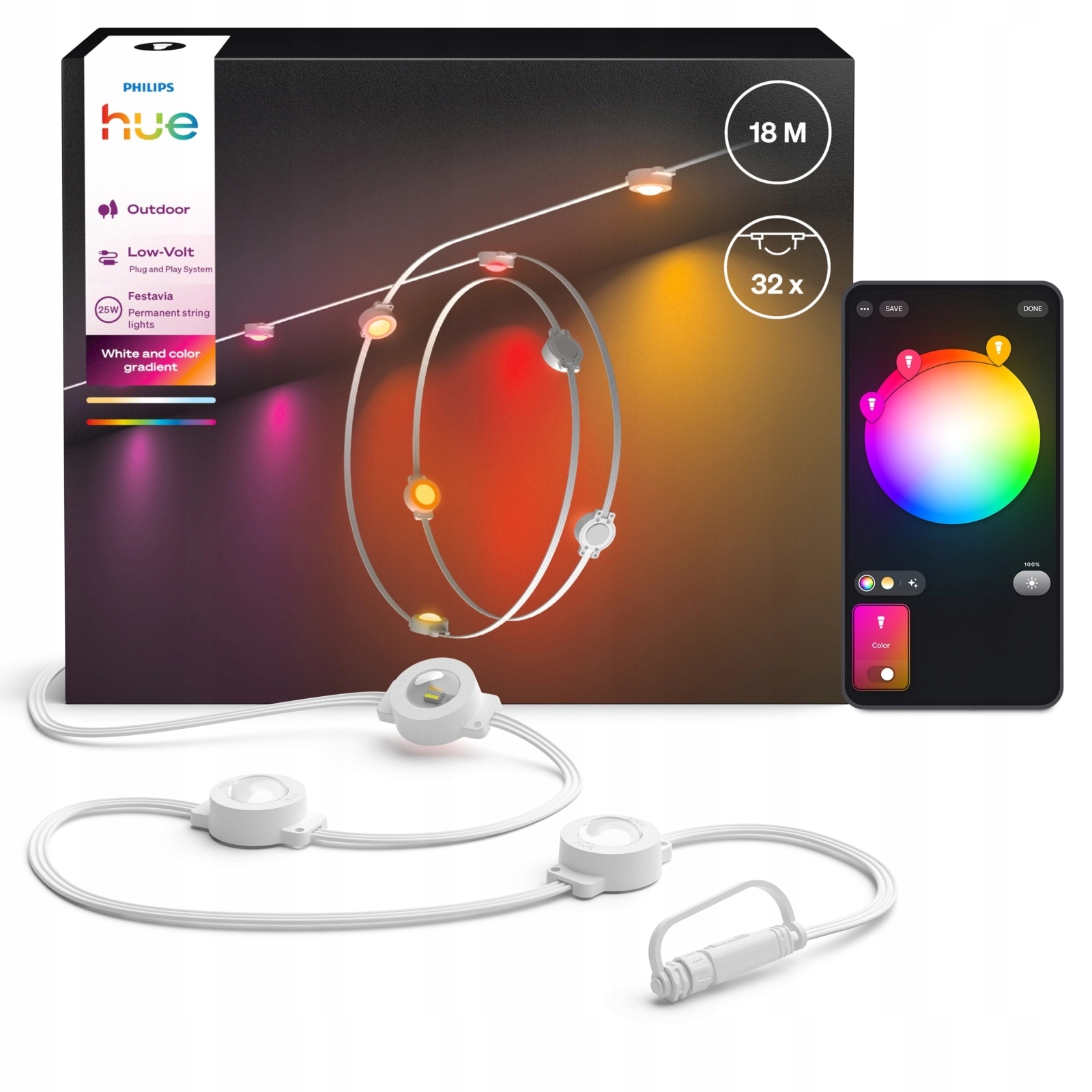 Venkovní zahradní girlanda 18 m IP65 32LED Rgb Smart Festavia Philips Hue