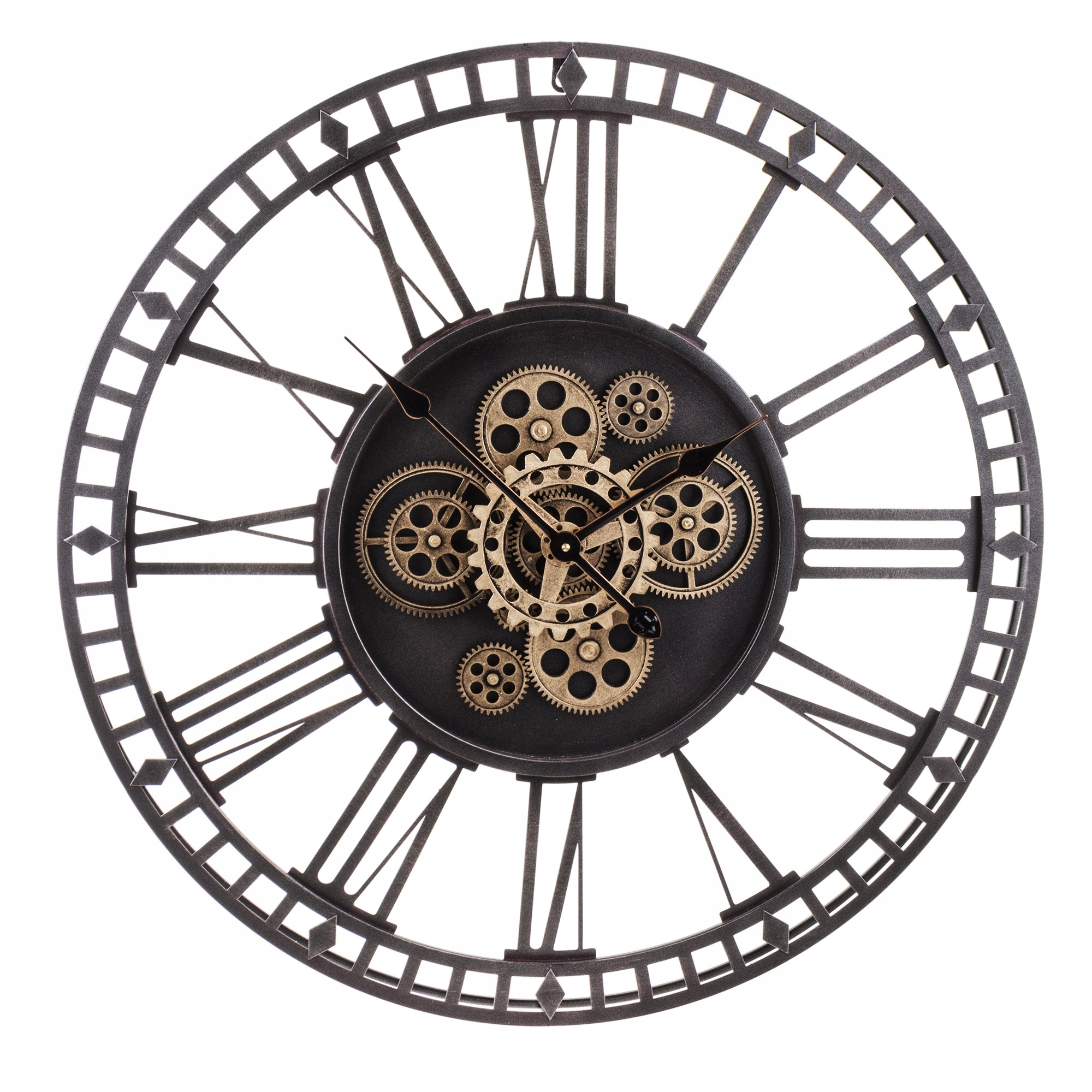 

Czarny duży metalowy zegar ścienny z mechanizmem