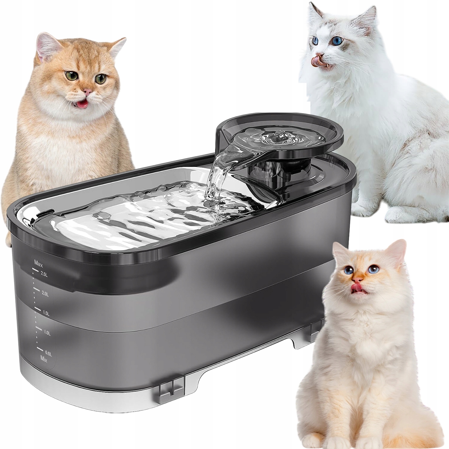 Levně Automatická Fontána 2.5 L Pro Kočky, Ticho, Uhlíkový Filtr Průhledný