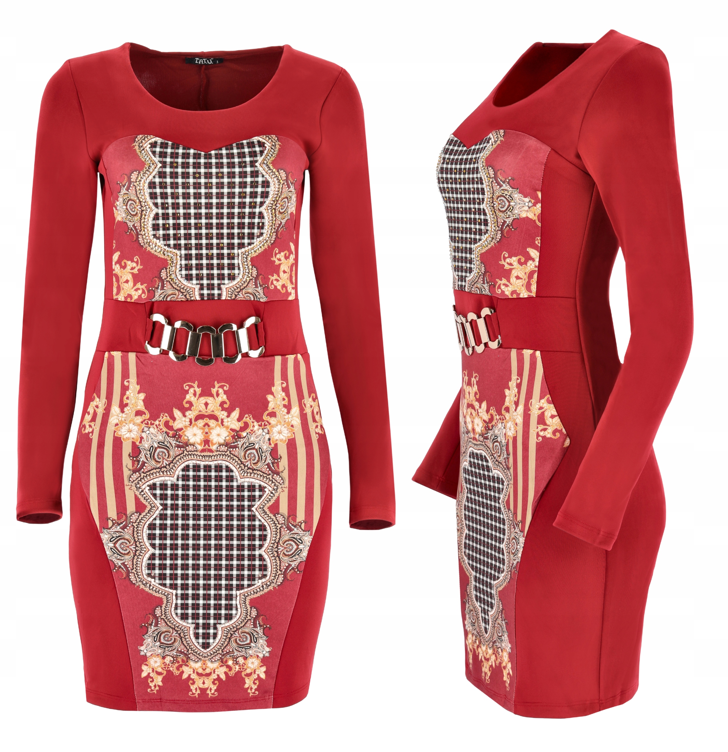 Přiléhavá Elegantní Šaty S Ozdobnými Vzory Viskózy Červená M