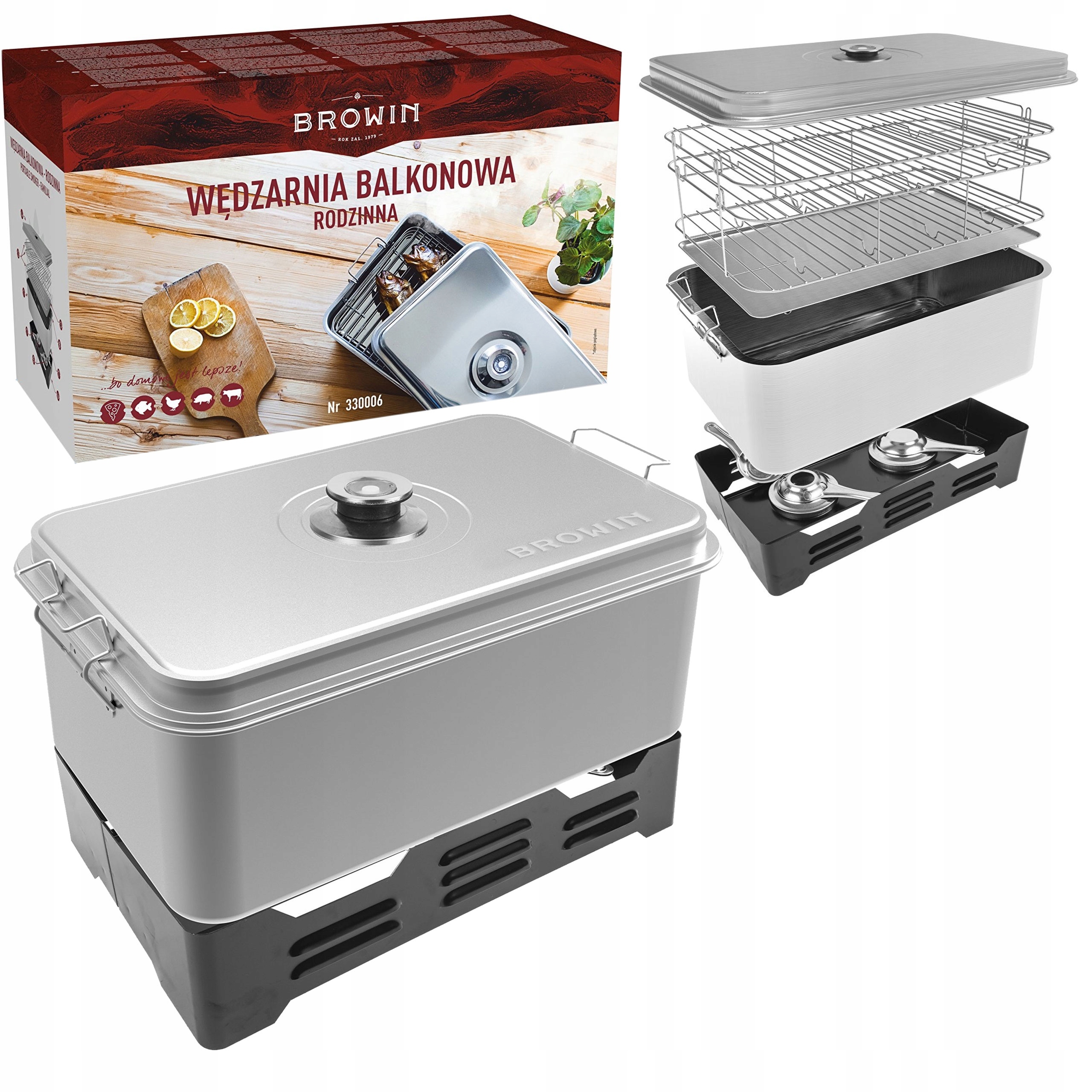 WĘDZARNIA BROWIN BALKONOWA RODZINNA z TERMOMETREM 3 RUSZTY do SZYNEK RYB Materiał metal