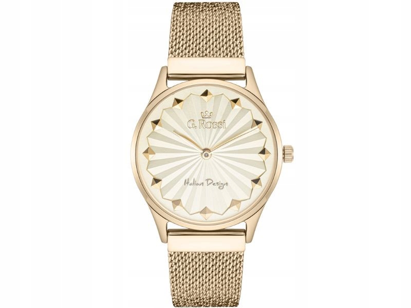 Dámské hodinky s mesh náramkem, krémový ciferník se zlatými cvočky