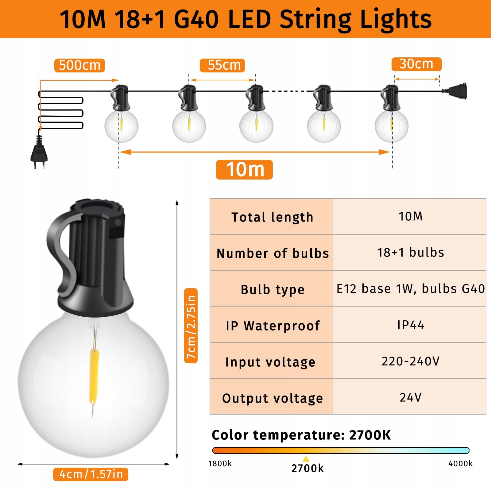 LED LAMPKI ZEWNĘTRZNE 10M 18 ŻARÓWEK G40 WODOODPORNE CIEPŁE BIAŁE — miniatura 4