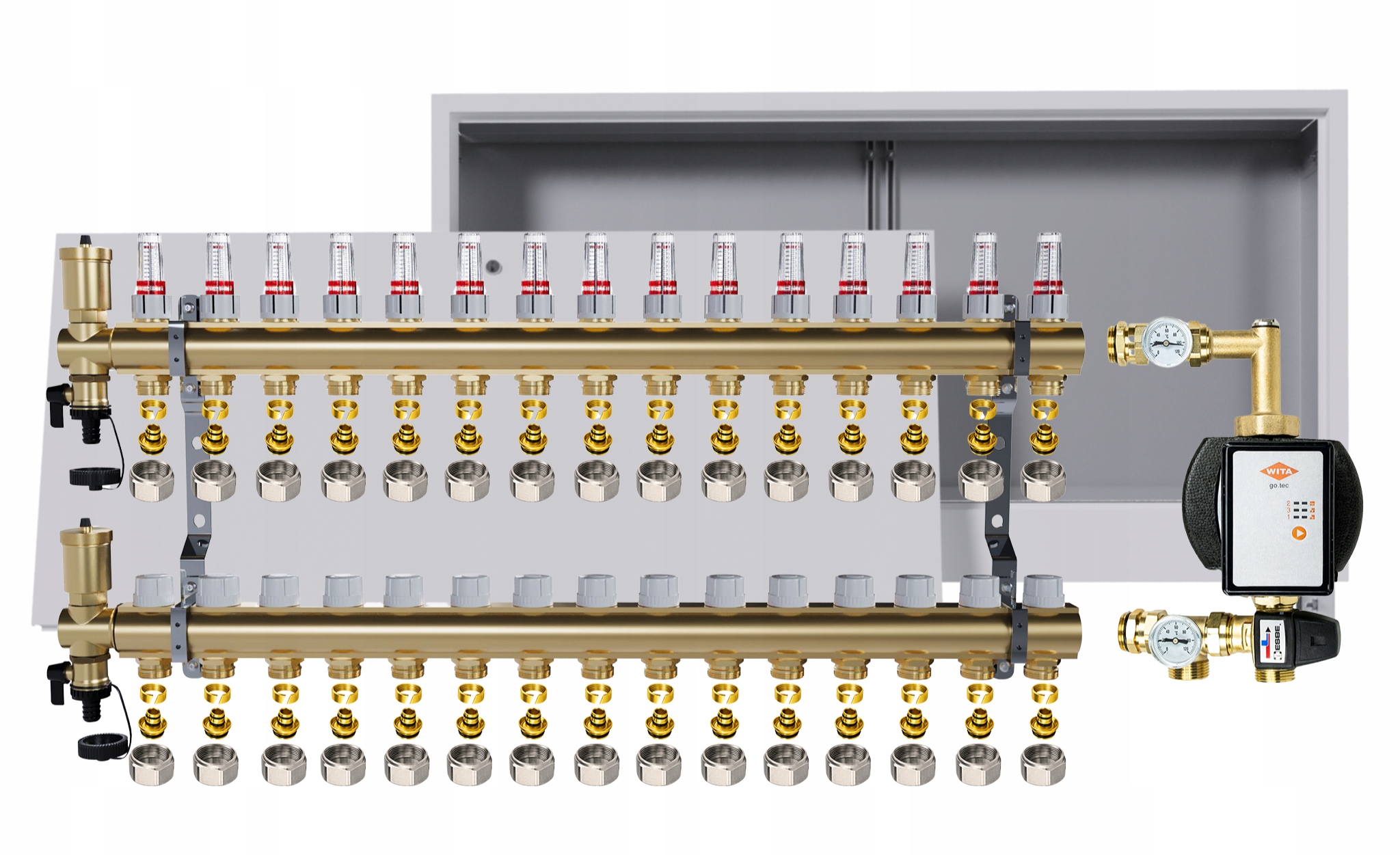 Rozdělovač pro podlahovku 15 okruhů s čerpadlem Wita podomítkový box +pex