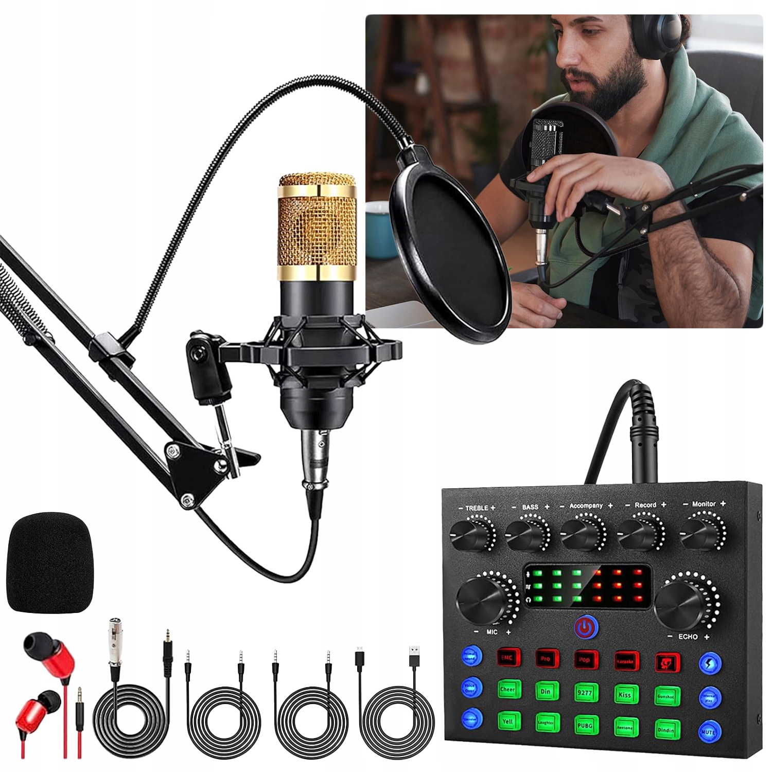 Zestaw Studyjny Mikrofon Pojemnościowy Mixer Kartą Dźwiękową Bluetooth Dj