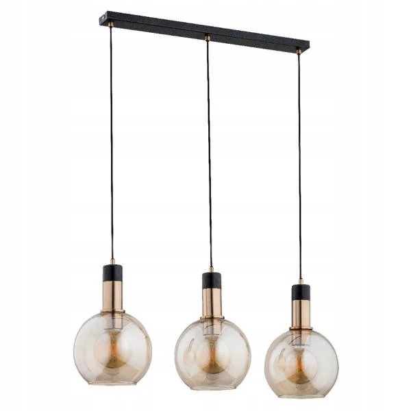 Trojitá závesná lampa čierna, zlatá, sklenené jantárové gule nad stôl Alfa
