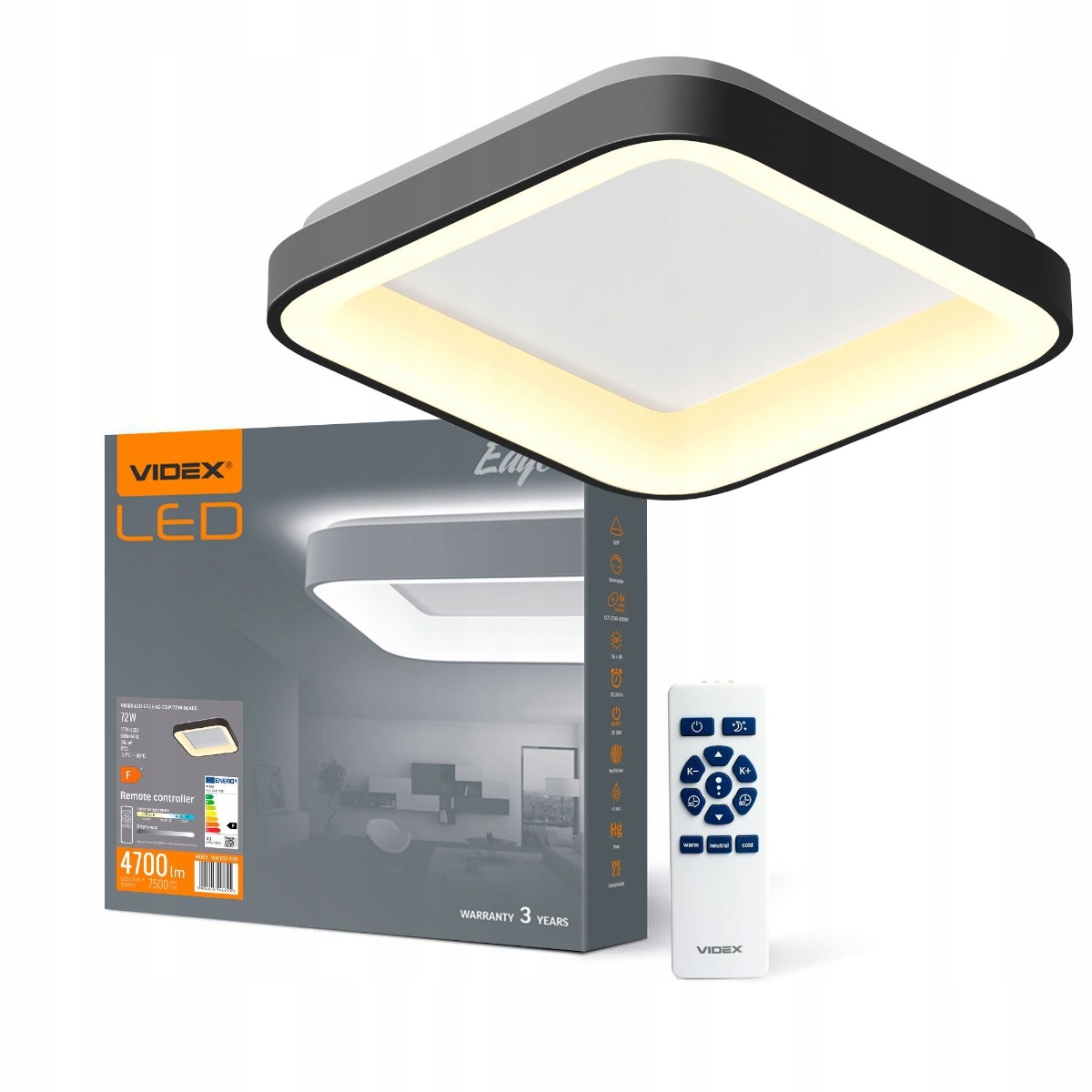 Stropné Svietidlo Led štvorcový čierny Videx 72W 7500lm 2700K-6000K s diaľkovým ovládaním