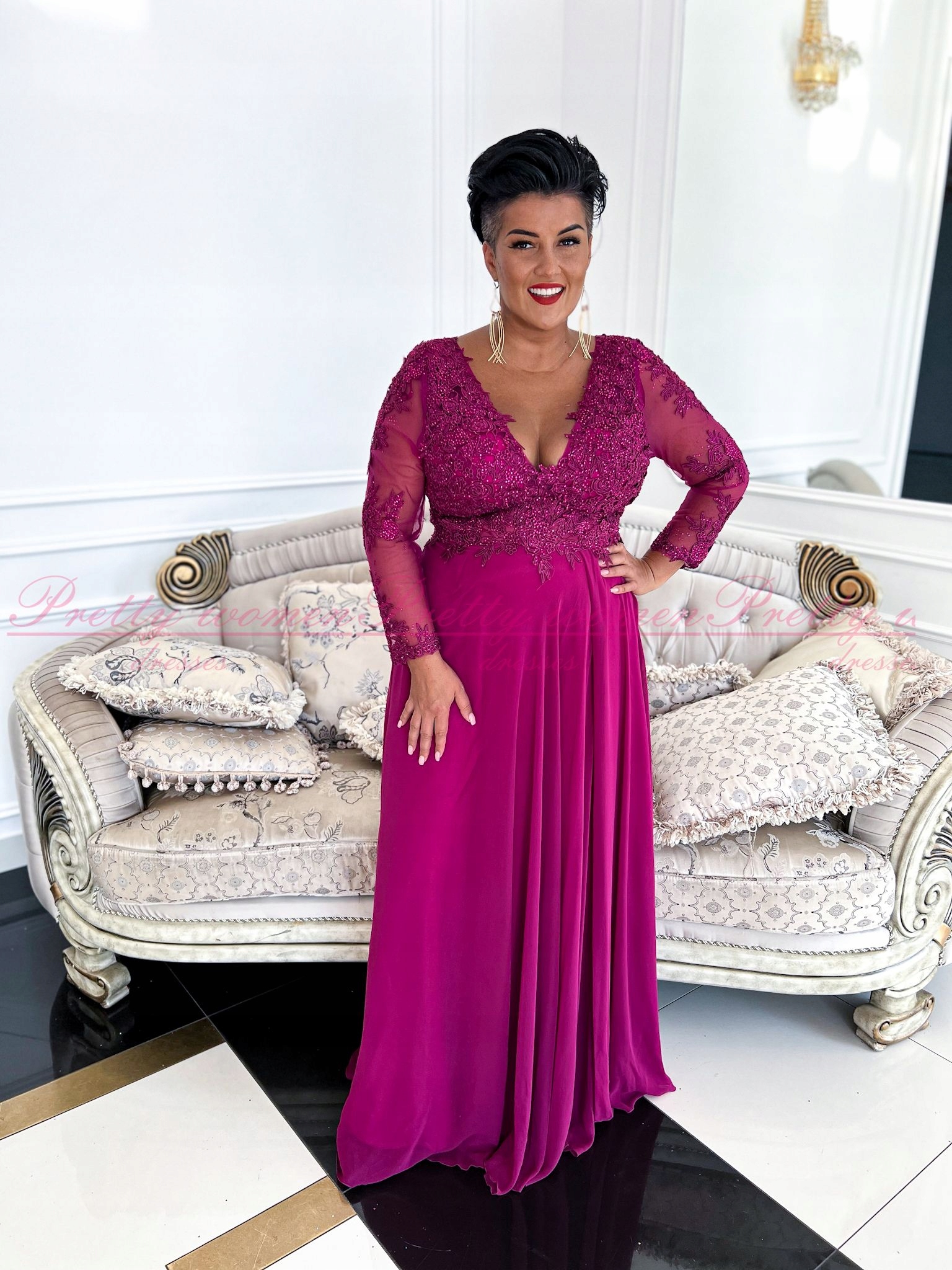 Šaty Aria Dlouhá Svatební S Rukávem Fuchsiová 42