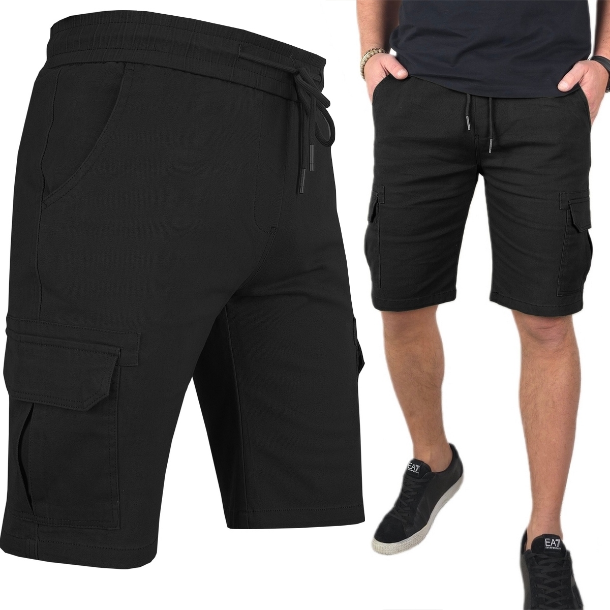 Spodenki męskie Czarne Bojówki Kieszenie krótkie spodnie Pas Z Gumką, 2XL