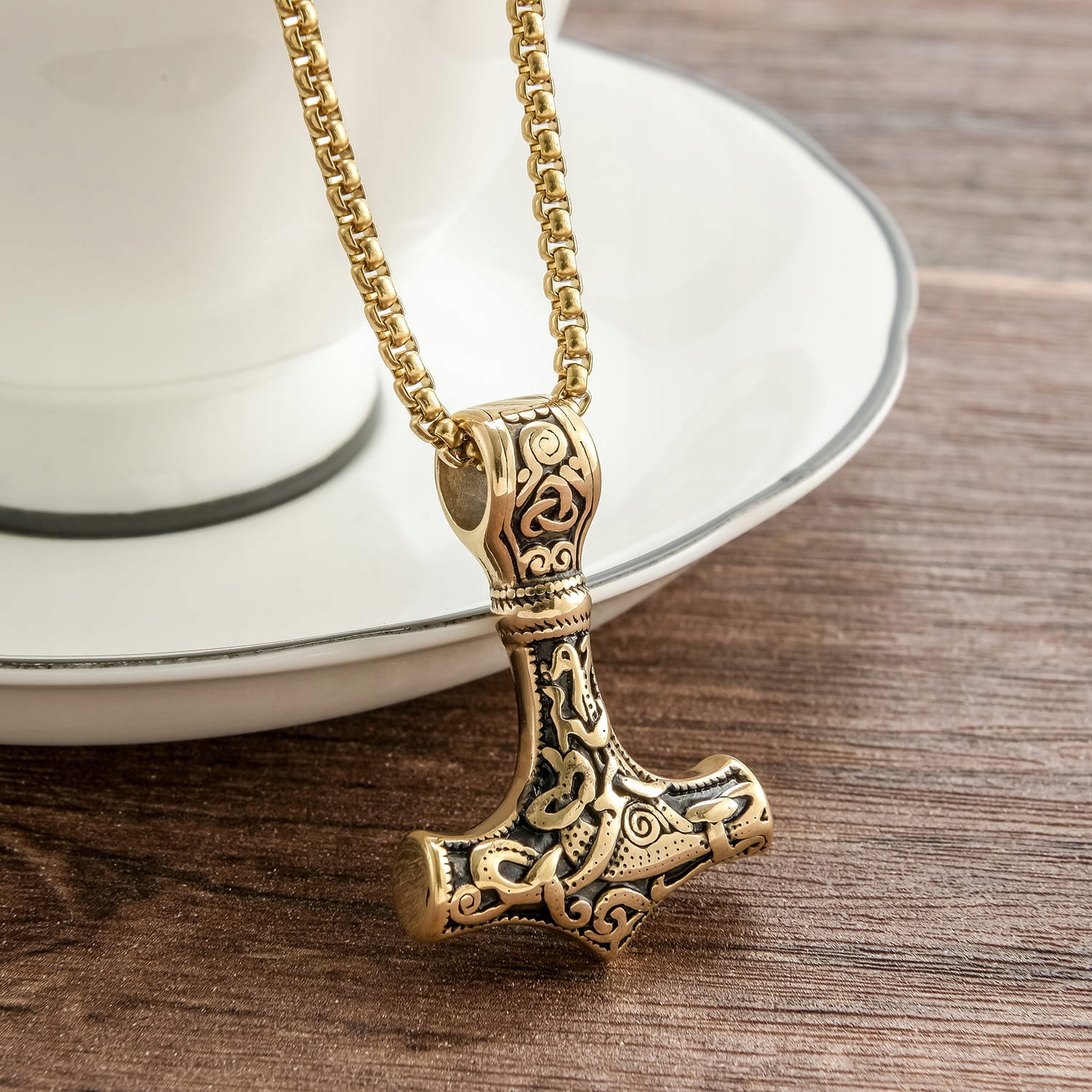 Złoty Wisiorek Męski Nordycki Młot Thora Stal Kamień Bez kamienia