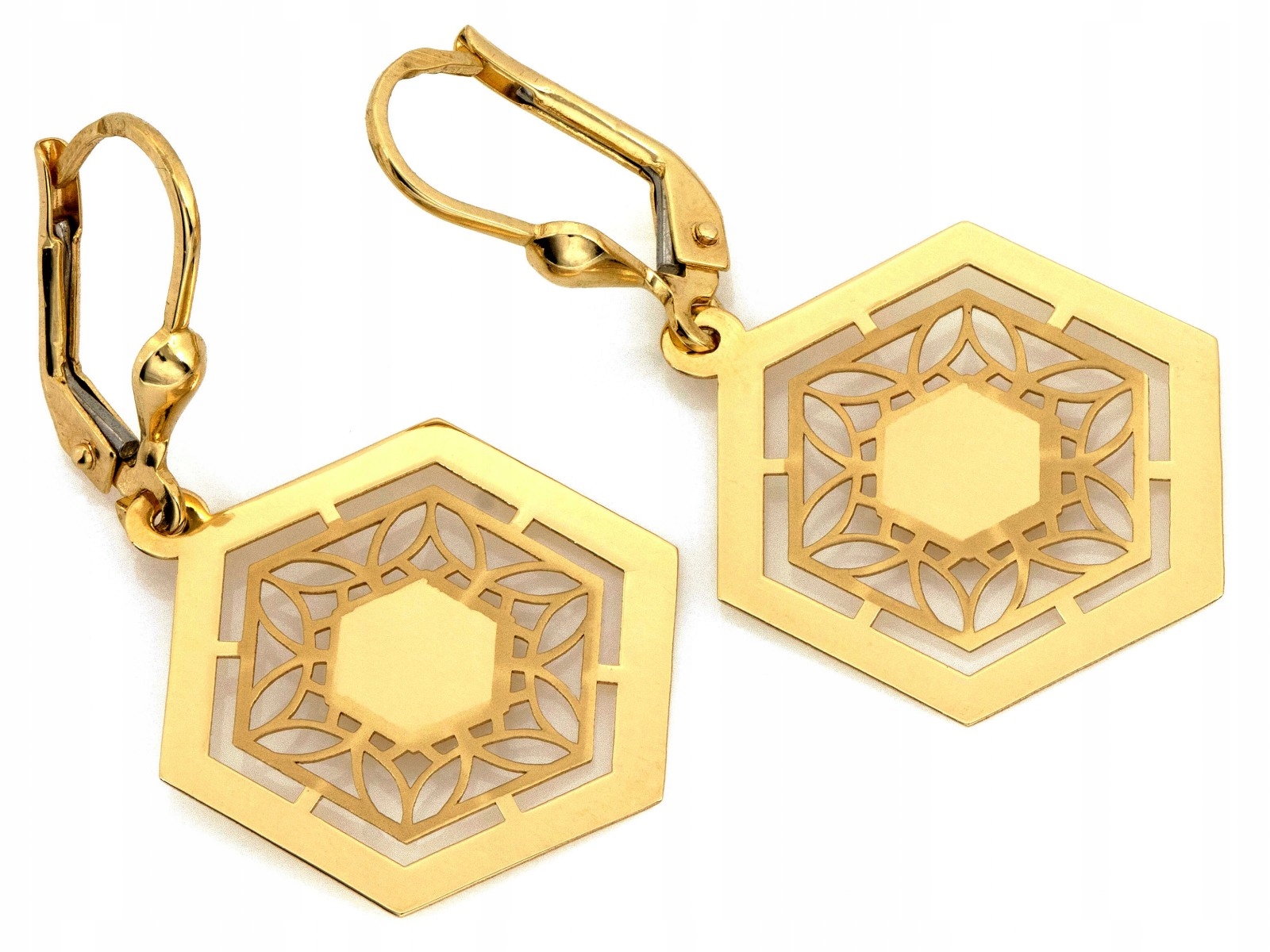 Náušnice zlaté velké 585 závěsné šestiúhelníky s ažurem 2.35g jako dárek 14kt
