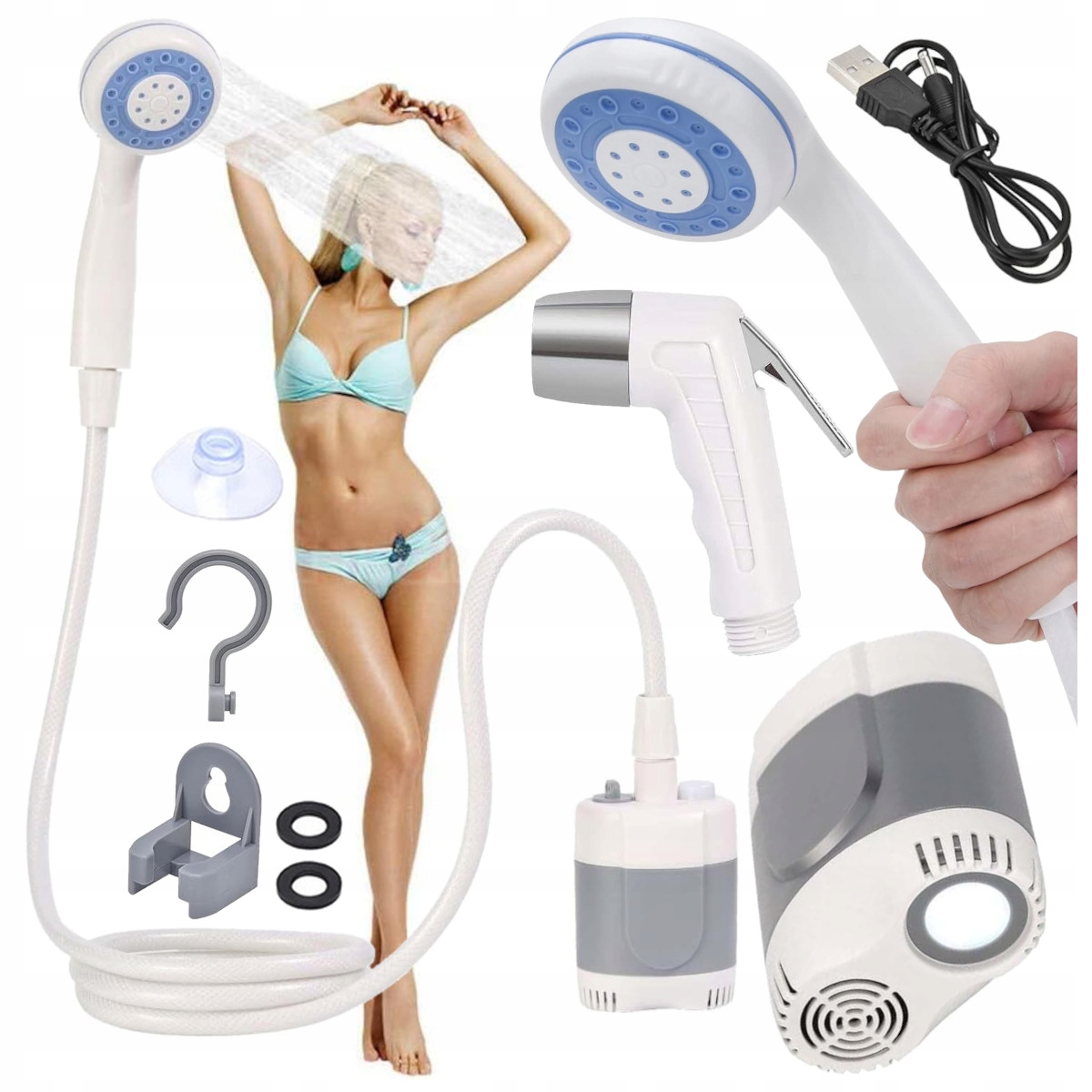 Turistická Sprcha Elektrická Akumulátorová Pumpa Set 2 Sluchátka