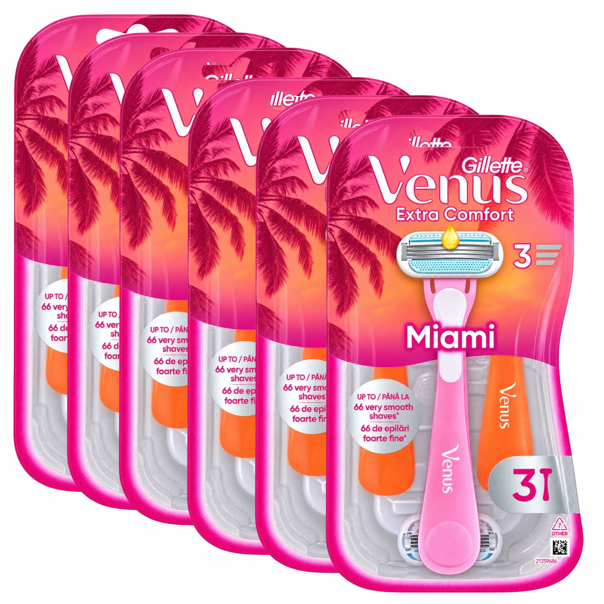 6xGillette Venus Holicí strojky Miami 3-břité Dámské Extra Comfort