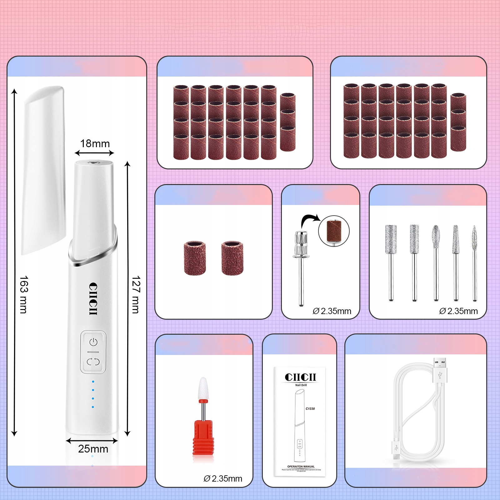 Mini Frezarka do Paznokci Zestaw do Manicure 15000RPM Kierunek obrotu lewo prawo