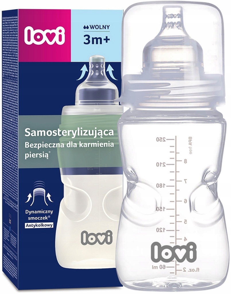 LOVI BUTELKA SAMOSTERYLIZUJĄCA + SMOCZEK 3M+ 250ML