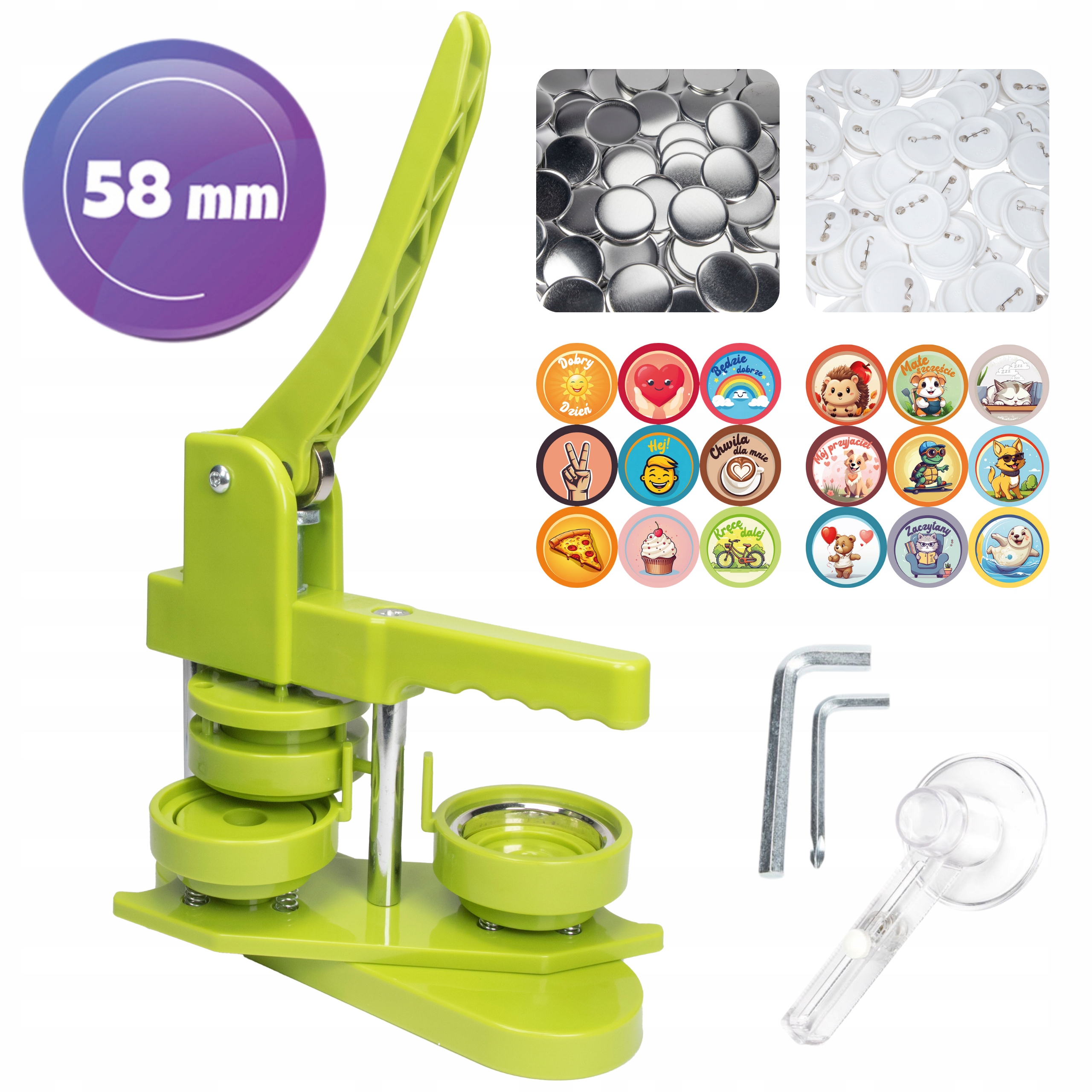 Maszyna do przypinek 58mm, kompletny zestaw: prasa+100 pinów+projekty Diy