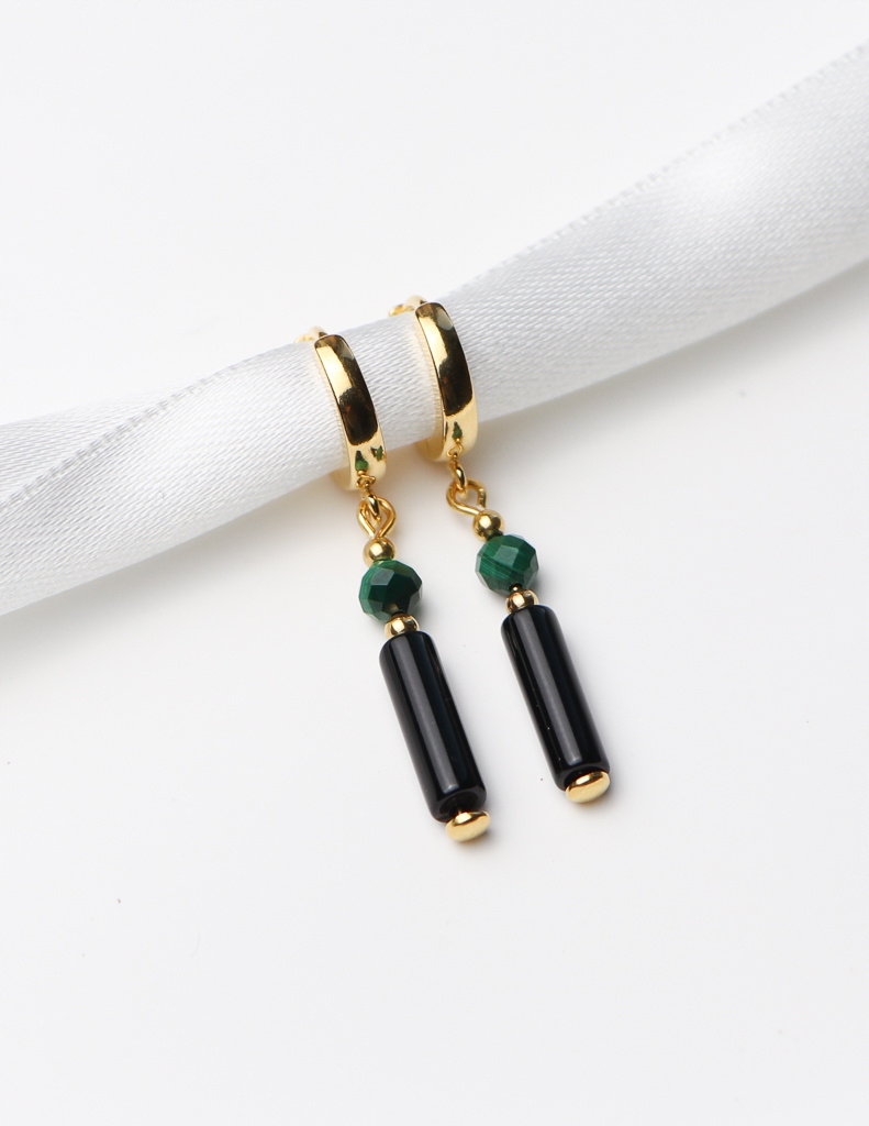 Náušnice pozlacené Černý Turmalín, Malachit