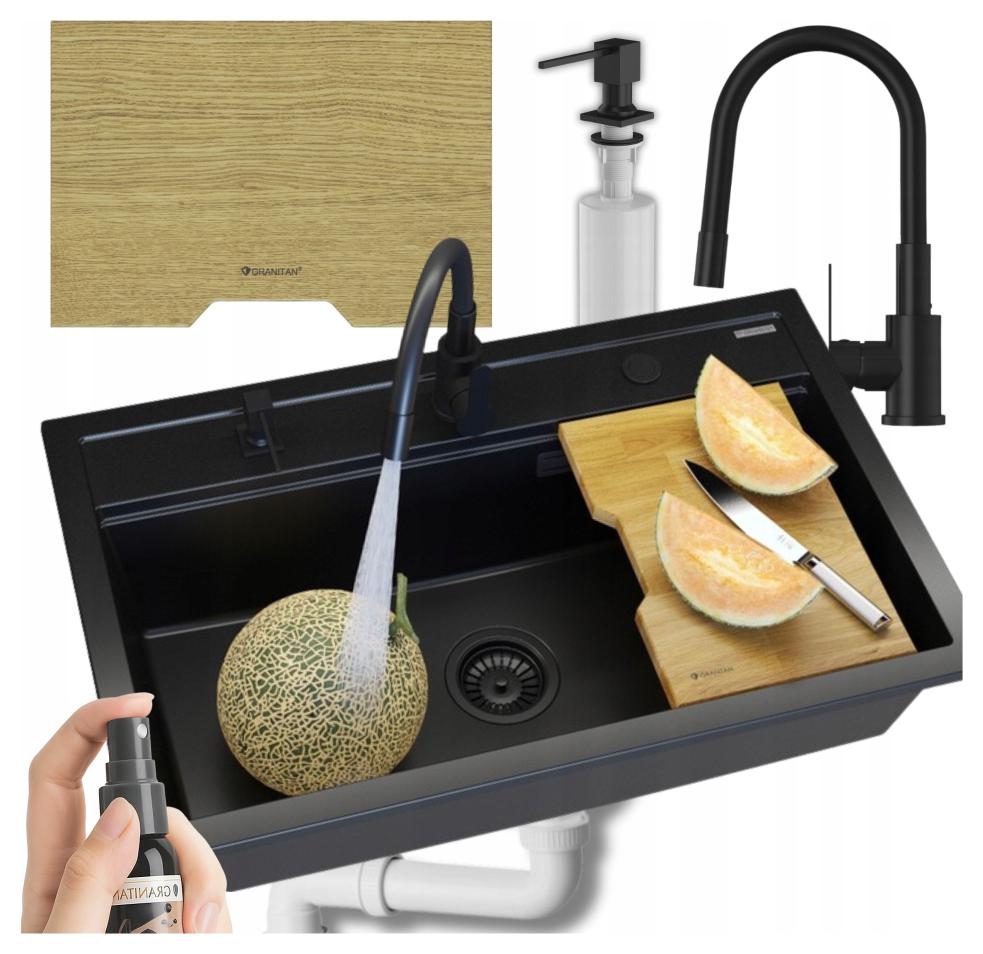 Granitový drez Asti čierny jednokomorový Set batéria Grado+ sifón